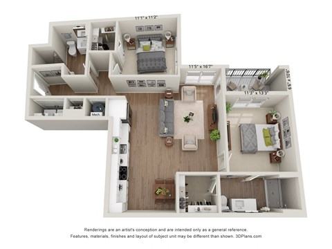 a stylized floor plan of a 3 bedroom apartment